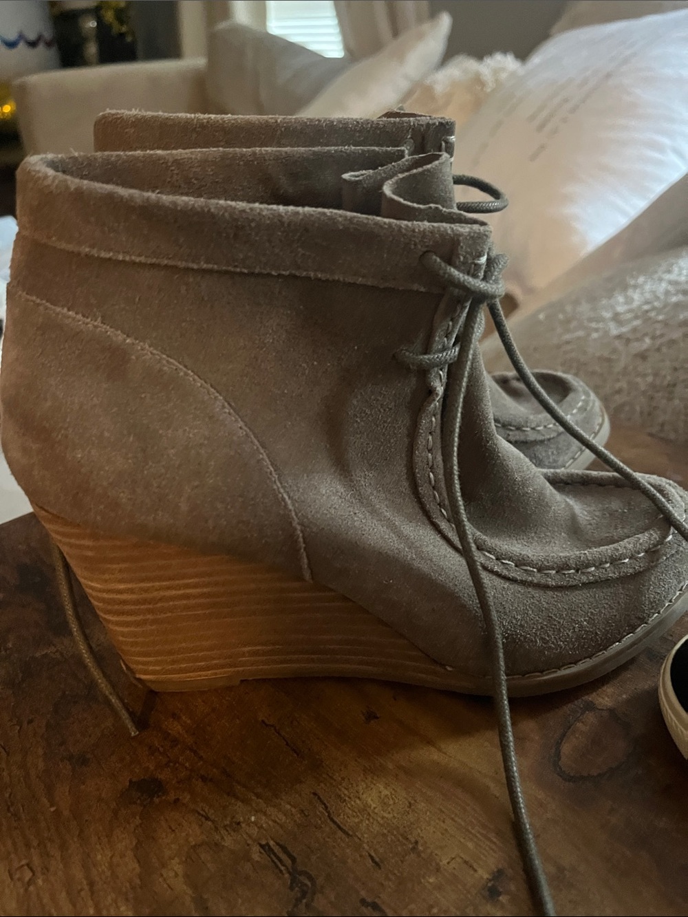 Lucky Brand Taupe Suede Lace-Up Wedge Ankle Boots